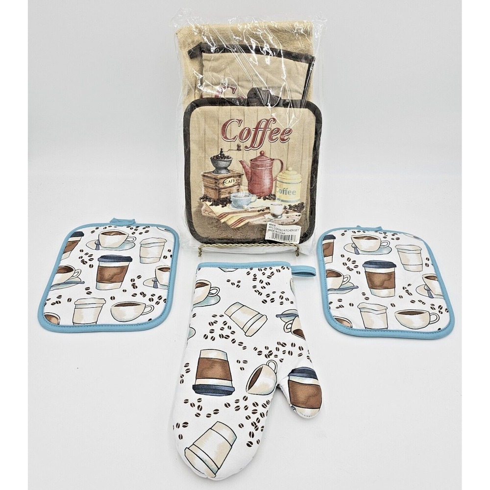7 Pc Coffee Kitchen Set 2 Oven Mitts 3 Potholders 2 Towels Printed Hot Pads Cook